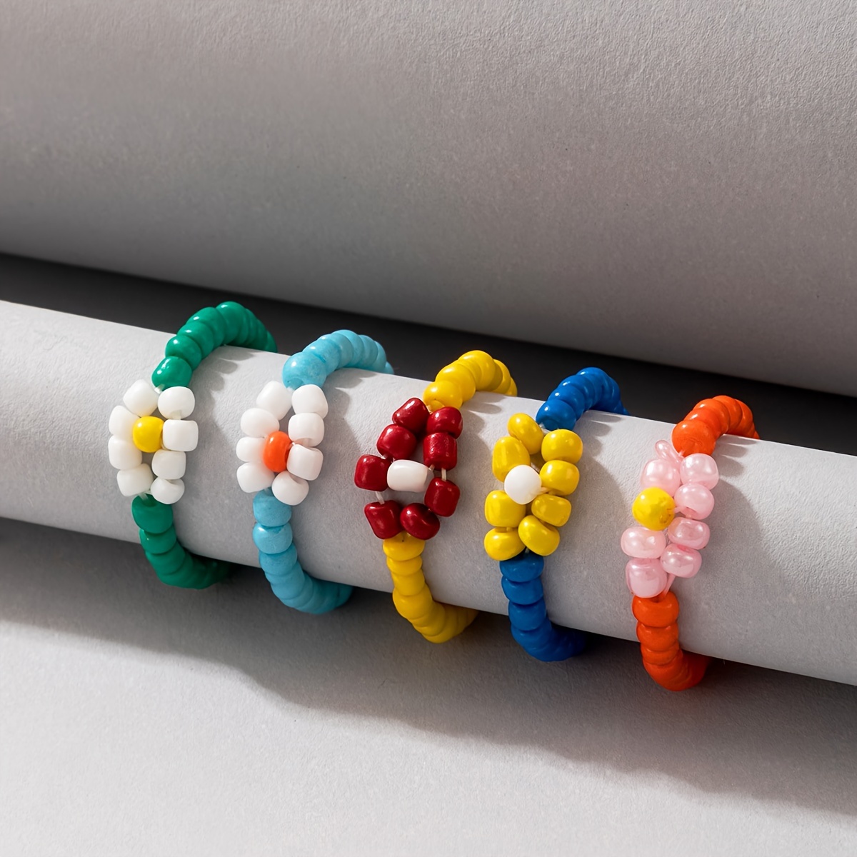5 Bohemian Colorful Rice Bead Woven Flower Rings, Stackable